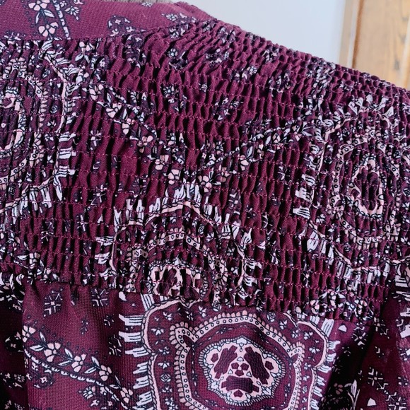 MAURICE'S Burgundy Print Boho Top - L/S Semi Sheer Shoulder Smocking V-Neck XL - Picture 8 of 11